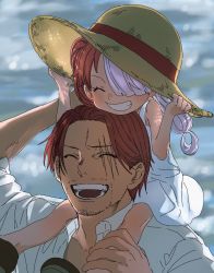 Rule 34 | 1boy, 1girl, aged down, artist request, carrying, child, dress, facial hair, father and daughter, grin, happy, hat, highres, laughing, long hair, looking at another, multicolored hair, oda eiichirou (style), official style, one piece, one piece film: red, open clothes, open mouth, open shirt, red hair, scar, scar across eye, shanks (one piece), shirt, short hair, simple background, size difference, smile, straw hat, two-tone hair, two side up, uta (one piece), very long hair, water