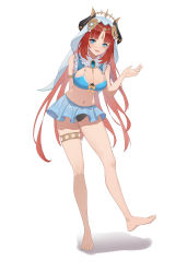 Rule 34 | 1girl, absurdres, arm behind back, armlet, bare legs, barefoot, bikini, bikini skirt, blue bikini, blue eyes, blush, breasts, circlet, cleavage, frilled skirt, frills, genshin impact, hand up, highres, horns, invisible floor, lao xi, large breasts, long hair, looking at viewer, navel, nilou (genshin impact), parted lips, red hair, shadow, shrug (clothing), simple background, skirt, smile, solo, standing, standing on one leg, stomach, swimsuit, tachi-e, thighlet, veil, white background