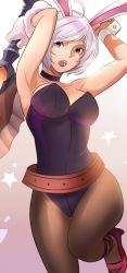 Rule 34 | 1girl, animal ears, armpits, bad id, bad pixiv id, battle bunny riven, belt, breasts, choker, cleavage, cuffs, fake animal ears, fullluv, high heels, highres, large breasts, league of legends, leotard, pantyhose, playboy bunny, rabbit ears, riven (league of legends), shoes, short hair, simple background, solo, star (symbol), sword, weapon, white hair