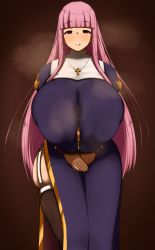 Rule 34 | 1girl, absurdres, after paizuri, aftersex, blush, breasts, cider1289, clothes, collar, cum, ejaculation between breasts, female focus, gradient background, highres, huge breasts, long hair, looking at viewer, marianne (unholy sanctuary), nun, pink hair, red eyes, simple background, smile, solo, stray pubic hair, thighhighs, tongue, tongue out, torn clothes, unholy sanctuary
