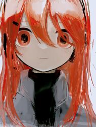 Rule 34 | 1girl, a.i. voice, absurdres, adachi rei, alternate hair length, alternate hairstyle, black shirt, closed mouth, commentary, expressionless, grey jacket, hair between eyes, hair down, headset, highres, jacket, light blush, long hair, looking at viewer, open clothes, open jacket, orange eyes, portrait, shirt, simple background, solo, ttopoko, turtleneck, utau, white background