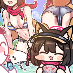 Rule 34 | 1girl, :3, :d, animal ears, ass, bikini, blue archive, blue shorts, blush stickers, breasts, brown hair, chibi, denim, denim shorts, doodle sensei (blue archive), fang, fox ears, fox girl, fox tail, holding, izuna (blue archive), jazz jack, lowres, medium breasts, micro shorts, multiple views, navel, open mouth, red scarf, scarf, sensei (blue archive), short hair, shorts, smile, striped bikini, striped clothes, swimsuit, tail, thighs, visor cap