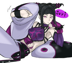 Rule 34 | 1girl, baggy pants, bare shoulders, barefoot, black hair, bracelet, breasts, capcom, character name, detached sleeves, feet, fingerless gloves, gloves, halterneck, halterneck, han juri, highres, jewelry, leg lift, looking at viewer, midriff, nail polish, pants, pillow, pointy hair, purple eyes, reclining, short hair, short twintails, sideboob, sidelocks, soles, solo, spiked bracelet, spikes, street fighter, street fighter iv (series), tetsu (kimuchi), toeless legwear, toes, twintails, yin yang