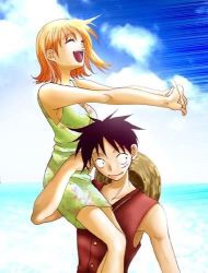 Rule 34 | 1boy, 1girl, black eyes, black hair, blush, couple, hat, lowres, monkey d. luffy, nami (one piece), one piece, orange hair, pirate, short hair, smile, tattoo