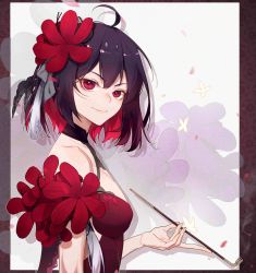 Rule 34 | 1girl, bob cut, china dress, chinese clothes, closed mouth, dress, flower, hair flower, hair ornament, highres, holding, honkai (series), honkai impact 3rd, kiseru, looking at viewer, looking to the side, petals, pmg, red eyes, red flower, red hair, seele (alter ego), seele vollerei, seele vollerei (stygian nymph), short hair, sleeveless, sleeveless dress, smile, smoking pipe