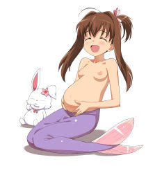 Rule 34 | 1girl, :d, a1 (initial-g), absurdres, ahoge, blush, breasts, brown hair, closed eyes, cosplay, hair ribbon, highres, jewelpet (series), jewelpet twinkle, long hair, mermaid, monster girl, navel, nipples, open mouth, pregnant, ribbon, ruby (jewelpet), sakura akari, side ponytail, simple background, sitting, small breasts, smile, toothpick, topless, white background