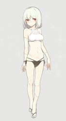 Rule 34 | 1girl, black panties, blush, bracelet, crop top, expressionless, eyebrows, full body, grey background, halterneck, halterneck, highres, hitoshi, jewelry, looking to the side, midriff, navel, original, pale skin, panties, red eyes, sandals, side-tie panties, simple background, solo, sparkle, stitches, underwear, white hair