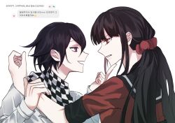 Rule 34 | 1boy, 1girl, :d, black sailor collar, checkered clothes, checkered scarf, clenched teeth, commentary request, danganronpa (series), danganronpa v3: killing harmony, danjong 8, eye contact, grey jacket, hair ornament, hair scrunchie, hand on another&#039;s chin, hand up, harukawa maki, highres, holding another&#039;s wrist, jacket, long hair, long sleeves, looking at another, low twintails, oma kokichi, open mouth, red eyes, red scrunchie, red shirt, sailor collar, scarf, scrunchie, shirt, smile, teeth, translation request, twintails, white background