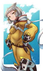 Rule 34 | 1girl, absurdres, animal ears, belt, blue sky, bodysuit, border, brown hair, cat ears, cat girl, closed mouth, cloud, cloudy sky, commentary, cowboy shot, dagger, english commentary, facial mark, gloves, hands on own hips, highres, knife, long sleeves, looking at viewer, nia (xenoblade), outdoors, ravenhart, sheath, sheathed, short hair, signature, sky, smile, solo, weapon, white border, white gloves, white hood, xenoblade chronicles (series), xenoblade chronicles 2, yellow bodysuit, yellow eyes