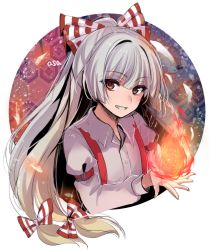Rule 34 | 1girl, asa (coco), blush, bow, energy, eyebrows, fire, fujiwara no mokou, glowing, grin, hair bow, long hair, looking at viewer, outside border, outstretched hand, red eyes, round image, silver hair, smile, solo, suspenders, touhou, upper body