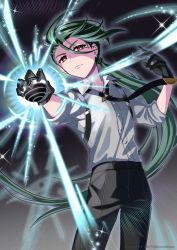 Rule 34 | 1girl, absurdres, black gloves, black necktie, black pants, bright pupils, buttons, closed mouth, collared shirt, commentary request, creatures (company), earrings, eyelashes, game freak, gloves, green hair, grey shirt, hair between eyes, hands up, highres, holding tera orb, jewelry, kusatakesi, long hair, necktie, nintendo, outstretched arm, pants, pokemon, pokemon sv, ponytail, red eyes, rika (pokemon), shirt, solo, suspenders, tera orb, white pupils