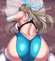 Rule 34 | 1girl, adapted costume, all fours, ass, ass focus, asuna (blue archive), back, backboob, bare back, bare shoulders, blue archive, blue halo, blue one-piece swimsuit, braid, braided bun, breasts, commentary request, competition swimsuit, corrupted twitter file, criss-cross back-straps, elbow gloves, facing away, foreshortening, from behind, gloves, hair bun, half updo, halo, highres, huge ass, hugging object, implied sex, large breasts, light brown hair, maid headdress, median furrow, on bed, one-piece swimsuit, paid reward available, pillow, pillow hug, short hair, shoulder blades, sideboob, sinkai, skindentation, solo, steaming body, sweat, swimsuit, thighhighs, very sweaty, white gloves, white thighhighs