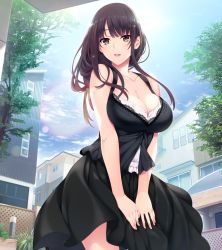 Rule 34 | 1girl, :d, bare arms, bare shoulders, black shirt, black skirt, blue sky, blunt bangs, blush, breasts, brown eyes, brown hair, camisole, cleavage, cloud, cloudy sky, collarbone, cowboy shot, day, eyebrows, fingernails, hibiki works, highres, house, iizuki tasuku, kisaragi maaya, lace, lace trim, large breasts, lens flare, long fingernails, long hair, looking at viewer, non-web source, onee-chan no yuuwaku, open mouth, pink lips, rooftop, shirt, skirt, sky, sleeveless, smile, solo, standing, teeth, tree, upper teeth only, v arms, yellow eyes