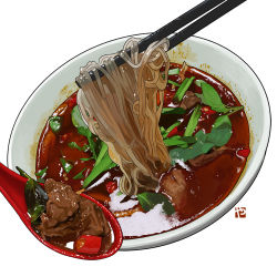 Rule 34 | bowl, chili pepper, chopsticks, commentary, english commentary, food, food focus, no humans, noodles, original, simple background, soup, spoon, spring onion, still life, studiolg, vegetable, white background