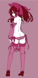 Rule 34 | 1girl, ass, back, brown hair, butt crack, detached sleeves, from behind, hair tubes, hakurei reimu, high heels, hip focus, huge bow, interlocked fingers, kneepits, lace, lace-trimmed panties, lace-trimmed sleeves, lace trim, lingerie, looking back, lowleg, lowleg panties, monochrome, open mouth, panties, ponytail, purple background, red eyes, ribbon, ribbon-trimmed panties, ribbon-trimmed sleeves, ribbon trim, seamed legwear, side-seamed legwear, side-tie panties, simple background, solo, spot color, stitches, thighhighs, thupoppo, topless, touhou, underwear, underwear only