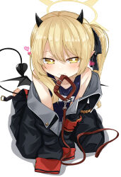 Rule 34 | 1girl, barefoot, black horns, black jacket, black ribbon, blonde hair, blue archive, blue one-piece swimsuit, bright pupils, collar, commentary request, demon girl, demon tail, hair ribbon, halo, highres, horns, ibuki (blue archive), jacket, leafy (kitsuneya), leash, looking at viewer, mouth hold, old school swimsuit, one-piece swimsuit, pointy ears, ribbon, school swimsuit, side ponytail, simple background, sleeves past fingers, sleeves past wrists, solo, swimsuit, tail, toes, white background, white pupils, yellow eyes, yellow halo