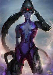 Rule 34 | 1girl, bad id, bad tumblr id, black hair, bodysuit, breasts, center opening, cleavage, colored skin, gun, headgear, holding, holding gun, holding weapon, lipstick, looking at viewer, makeup, medium breasts, overwatch, overwatch 1, ponytail, purple lips, purple skin, raikoart, rifle, signature, simple background, solo, standing, weapon, widowmaker (overwatch), yellow eyes