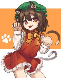Rule 34 | 1girl, :3, :p, animal ears, cat ears, cat tail, chen, dress, earrings, hat, jewelry, mob cap, multiple tails, nekomata, petite, red dress, simple background, single earring, solo, strangenovel, tail, tongue, tongue out, touhou, two tails, white background