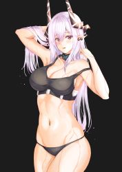 Rule 34 | 1girl, absurdres, arknights, arm up, bad id, bad pixiv id, bare arms, bare shoulders, black background, black panties, blush, breasts, cleavage, commentary, cowboy shot, earrings, hair between eyes, hand up, highres, horns, infection monitor (arknights), jewelry, kepler, large breasts, long hair, looking at viewer, midriff, mudrock (arknights), navel, open mouth, panties, pointy ears, red eyes, sarashi, silver hair, simple background, solo, sports bra, standing, stomach, sweat, thighs, underwear, very long hair