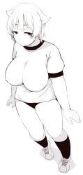 Rule 34 | 1girl, bad id, bad twitter id, breasts, eyebrows, fuchibeppu chiyuri, gym uniform, hair flaps, inactive account, jitome, large breasts, lillithlauda, looking at viewer, monochrome, original, short hair, solo, thick thighs, thighs