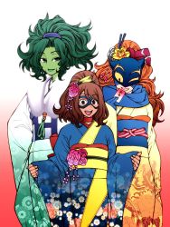 Rule 34 | 3girls, a-force, adapted costume, animification, bad id, bad twitter id, brown hair, chiba toshirou, colored skin, domino mask, flower, green eyes, green skin, hair flower, hair ornament, hellcat (patsy walker), inactive account, japanese clothes, kamala khan, kimono, marvel, mask, ms. marvel, multiple girls, one eye closed, orange hair, ponytail, she-hulk