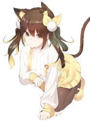 Rule 34 | 1girl, animal ear fluff, animal ears, arm support, artist name, bell, bent over, black pantyhose, bow, brown eyes, brown hair, cat ears, cat girl, cat tail, closed mouth, expressionless, hair between eyes, hair bow, hair ornament, highres, jingle bell, korean streamer, long hair, long sleeves, looking at viewer, mary janes, miniskirt, original, pantyhose, platform footwear, pleated skirt, ribbed sweater, se.a, shoes, sidelocks, signature, simple background, skirt, sleeves past wrists, solo, streamers, suspender skirt, suspenders, sweater, tail, tam tambourine, twintails, whiskers, white background, white sweater, yellow bow, yellow footwear, yellow skirt