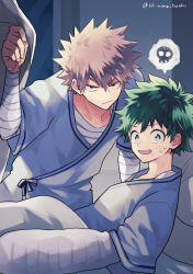 Rule 34 | 2boys, :/, alternate hair color, bakugou katsuki, bandaged arm, bandaged chest, bandages, blanket, boku no hero academia, bright pupils, brown hair, closed mouth, curtains, eyebrows hidden by hair, freckles, from side, green eyes, green hair, green pupils, hair between eyes, hand up, highres, hospital, hospital gown, indoors, leaning forward, light, looking at viewer, looking to the side, male focus, midoriya izuku, multiple boys, on bed, open mouth, pillow, pixiv username, raised eyebrows, reclining, red eyes, sanpaku, scratches, short hair, short sleeves, single horizontal stripe, smile, spiked hair, spoilers, spoken skull, sweatdrop, turning head, twitter username, ume (326310), under covers, upper body, v-shaped eyebrows, window