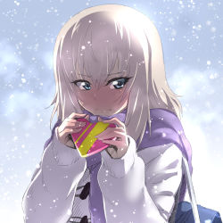 Rule 34 | 10s, 1girl, blue eyes, blush, casual, closed mouth, coat, commentary request, duffel coat, frown, full-face blush, girls und panzer, heart, holding, itsumi erika, long hair, long sleeves, looking at viewer, nakahira guy, purple scarf, scarf, silver hair, snow, snowing, solo, standing, upper body, valentine, white coat, winter clothes
