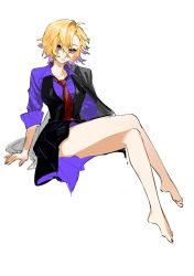 Rule 34 | 1girl, absurdres, alchemy stars, ao (user vnha8827), asymmetrical bangs, bare legs, barefoot, black jacket, black skirt, black vest, blonde hair, breasts, closed mouth, collared shirt, colored tips, crossed legs, highres, invisible chair, jacket, jacket on shoulders, looking at viewer, medium breasts, multicolored hair, necktie, purple eyes, purple shirt, red necktie, shirt, short hair, simple background, sitting, skirt, sleeves rolled up, solo, tessa (alchemy stars), vest, white background