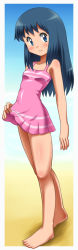 Rule 34 | 1girl, awa, bare shoulders, blue eyes, blue hair, blush, breasts, clothes lift, collarbone, creatures (company), dawn (pokemon), dress, dress lift, game freak, highres, legs, lifting own clothes, long hair, long image, looking at viewer, matching hair/eyes, nintendo, pink dress, pokemon, pokemon (anime), small breasts, smile, solo, swimsuit, tall image