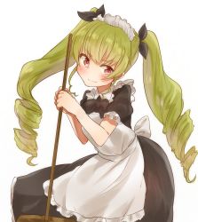 Rule 34 | 10s, 1girl, alternate costume, anchovy (girls und panzer), apron, bad id, bad pixiv id, black bow, black bowtie, black dress, black ribbon, bow, bowtie, broom, closed mouth, collared dress, cowboy shot, dress, drill hair, enmaided, frilled dress, frills, girls und panzer, green hair, hair ribbon, head tilt, highres, holding, holding broom, koretsuna, leaning forward, long dress, long hair, looking at viewer, maid, maid apron, puffy short sleeves, puffy sleeves, red eyes, ribbon, short sleeves, simple background, smile, solo, standing, twin drills, twintails, white apron, white background