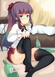 Rule 34 | 1girl, bed, black thighhighs, blue eyes, blunt bangs, blush, bottle, bow, commentary request, convenient leg, curtains, eating, food, hair bow, hair ornament, hand on own knee, highres, long hair, meturyusinzero, multicolored hair, new game!, on floor, ponytail, popsicle, purple hair, rainbow hair, red bow, red skirt, school uniform, shirt, sidelocks, sitting, skirt, solo, takimoto hifumi, thighhighs, white shirt, wine bottle