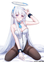 Rule 34 | 1girl, alternate costume, animal ears, bare shoulders, black pantyhose, blue archive, blush, breasts, brown pantyhose, cleavage, detached collar, grey hair, halo, hand up, highleg, highleg leotard, jurrig, large breasts, leotard, long hair, looking at viewer, mechanical halo, necktie, noa (blue archive), pantyhose, playboy bunny, purple eyes, rabbit ears, simple background, sitting, smile, solo, strapless, strapless leotard, v, very long hair, white background, white hair, wrist cuffs