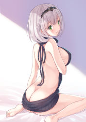 Rule 34 | 1girl, :t, absurdres, alternate costume, ass, back, backless outfit, bare legs, barefoot, bed sheet, black sweater, blush, braid, breasts, butt crack, closed mouth, commentary, from behind, frown, full body, green eyes, hair between eyes, highres, hololive, kugatsu tooka, large breasts, looking at viewer, meme attire, pout, ribbed sweater, shirogane noel, short hair, sideboob, silver hair, sitting, solo, sunlight, sweater, thighs, tiara, virgin killer sweater, virtual youtuber, wariza