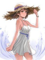 Rule 34 | 1girl, arm at side, bare shoulders, blush, bob cut, bow, bracelet, breasts, brown eyes, brown hair, cleavage, closed mouth, cowboy shot, dress, hand on headwear, hand up, hat, hat bow, highres, jchoy, jewelry, looking at viewer, medium breasts, original, purple bow, purple ribbon, ribbon, sash, see-through silhouette, sleeveless, sleeveless dress, smile, solo, straw hat, sun hat, sundress, white background, white dress