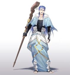 Rule 34 | 1boy, barefoot, blue hair, cape, collarbone, cu chulainn (caster) (fate), cu chulainn (fate), cu chulainn (fate/stay night), earrings, fate/grand order, fate (series), fingerless gloves, full body, gloves, gradient background, holding, holding staff, hood, jewelry, long hair, long sleeves, male focus, red eyes, signature, solo, staff, suda ayaka, toes