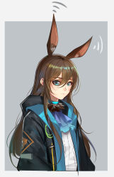 Rule 34 | 1girl, absurdres, amiya (arknights), animal ears, arknights, ascot, black coat, blue ascot, blue eyes, blush, brown hair, chinese commentary, closed mouth, coat, eyelashes, flat chest, grey background, hair between eyes, highres, hood, hooded coat, jewelry, lan yu, lips, long hair, looking at viewer, neck ring, rabbit ears, ribbed sweater, simple background, solo, straight hair, sweater, upper body, white sweater