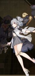 Rule 34 | 1girl, bare legs, black headwear, chinese commentary, covered navel, drill hair, earrings, grey hair, grey skirt, highres, honkai (series), honkai impact 3rd, jacket, jewelry, mechanical arms, official art, official wallpaper, open clothes, open hands, open jacket, parted lips, prometheus (honkai impact), red eyes, simple background, skirt, solo, white footwear, white jacket, white sleeves