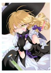 Rule 34 | 1girl, absurdres, beni shake, black dress, black gloves, blonde hair, blush, dress, foreshortening, gloves, grin, hand on own chin, hand up, hat, highres, kirisame marisa, long hair, looking at viewer, non-web source, one eye closed, pointing, pointing at viewer, scan, simple background, smile, solo, touhou, vial, witch hat, yellow eyes