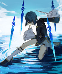 Rule 34 | 1boy, asymmetrical bangs, asymmetrical hair, blue hair, blush, chinese clothes, commentary request, earrings, frilled sleeves, frills, genshin impact, hand up, highres, holding, holding sword, holding weapon, jacket, jewelry, long sleeves, looking at viewer, male focus, ojo aa, short hair, shorts, single earring, solo, sword, tassel, tassel earrings, trap, weapon, wide sleeves, xingqiu (genshin impact), yellow eyes