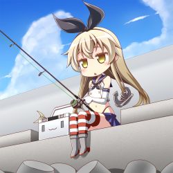 Rule 34 | 1girl, :3, anchor hair ornament, black hairband, blonde hair, blue skirt, blue sky, cloud, commentary request, day, elbow gloves, fishing, fishing rod, gloves, hair ornament, hairband, highres, horizontal-striped legwear, iganseijin, kantai collection, long hair, navel, outdoors, rensouhou-chan, shimakaze (kancolle), sitting, skirt, sky, solo, striped clothes, striped thighhighs, thighhighs, white gloves, yellow eyes