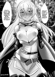 Rule 34 | 1girl, belt, blush, breasts, breasts out, cape, dress, english text, fingerless gloves, fire emblem, fire emblem: the binding blade, forest, gloves, greyscale, highres, igrene (fire emblem), large breasts, long hair, looking at viewer, monochrome, nature, nintendo, nipples, nose blush, outdoors, pinup (style), puffy nipples, r-e-l-o-a-d, smile, solo, speech bubble, thighhighs, wavy mouth