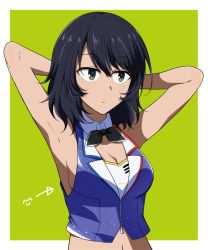 Rule 34 | 1girl, andou (girls und panzer), armpits, arms behind head, arms up, bc freedom school uniform, black hair, black ribbon, blue shirt, breasts, brown eyes, cleavage, cleavage cutout, closed mouth, clothing cutout, collared shirt, commentary, crop top, dark-skinned female, dark skin, emoticon, frown, girls und panzer, green background, looking to the side, medium breasts, medium hair, messy hair, nakaba neteru, navel, neck ribbon, outside border, ribbon, school uniform, shirt, sideboob, sleeveless, sleeveless shirt, solo, upper body, zipper