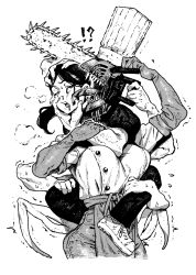 Rule 34 | !?, 1boy, 1girl, apron, black hair, blood, blood drip, blood from mouth, bloody tears, breasts, chainsaw man, chef, chef hat, closed eyes, denji (chainsaw man), disembodied head, elbow gloves, extra arms, facing another, facing to the side, falling devil (chainsaw man), flat top chef hat, gakuran, gloves, greyscale, hat, ireading, large breasts, leg lock, licking, licking another&#039;s face, monochrome, nosebleed, open mouth, school uniform, severed head, shaking, sharp teeth, short hair, teeth, tongue, tongue out, waist apron