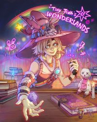 Rule 34 | 20-sided dice, absurdres, animal ears, bandaid, bandaid on face, bandaid on nose, blue eyes, book, borderlands (series), candle, detached sleeves, dice, hat, highres, rainbow, short hair, single sleeve, tiny tina, tiny tina&#039;s wonderlands, witch hat