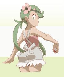 Rule 34 | 1girl, apron, ass, back, bare shoulders, bow, creatures (company), cropped legs, dark-skinned female, dark skin, flower, flower on head, from behind, game freak, green eyes, green hair, hair flower, hair ornament, highres, looking at viewer, looking back, mallow (pokemon), md5 mismatch, nintendo, nomura (buroriidesu), overalls, pink shirt, poke ball, poke ball (basic), pokemon, pokemon sm, resolution mismatch, shirt, simple background, sleeveless, sleeveless shirt, solo, source larger, trial captain, twintails, white background