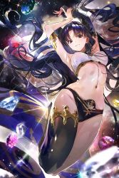 Rule 34 | a2ki, armlet, arms up, asymmetrical legwear, black hair, black ribbon, breasts, fate/grand order, fate (series), gem, hair ribbon, highres, ishtar (fate), jewelry, long hair, looking at viewer, medium breasts, midriff, navel, parted lips, red eyes, ribbon, shiny clothes, single thighhigh, smile, solo, space, teeth, thighhighs, toned, twintails, uneven legwear