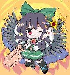 Rule 34 | 1girl, arm cannon, asymmetrical footwear, atom, bird wings, black hair, black socks, black sun, black wings, blouse, blush, bow, buttons, cape, center frills, chibi, collared shirt, control rod, eclipse, fire, frilled shirt collar, frilled skirt, frills, green bow, green skirt, hair bow, highres, kneehighs, long hair, mismatched footwear, one eye closed, puffy short sleeves, puffy sleeves, ramudia (lamyun), red eyes, reiuji utsuho, shirt, shoes, short sleeves, single shoe, skirt, smile, smug, socks, solar eclipse, solo, starry sky print, sun, third eye, touhou, v-shaped eyebrows, weapon, white cape, white shirt, wings, yellow background