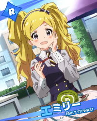 Rule 34 | 10s, 1girl, blonde hair, blush, character name, chopsticks, dutch angle, eating, emily stewart, emily stuart, food, hairband, hand on own face, idolmaster, idolmaster million live!, long hair, official art, purple eyes, solo, star (symbol), twintails