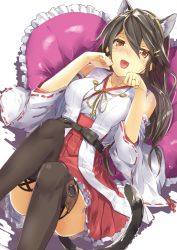 Rule 34 | 10s, 1girl, animal ears, bare shoulders, black hair, black thighhighs, brown eyes, cat day, cat ears, cat tail, clenched hands, detached sleeves, fang, frilled pillow, frills, hair between eyes, hair ornament, hairpin, haruna (kancolle), heart, heart-shaped pillow, japanese clothes, kantai collection, kyougoku touya, long hair, nontraditional miko, open mouth, paw pose, pillow, red skirt, ribbon-trimmed sleeves, ribbon trim, skirt, solo, tail, thighhighs
